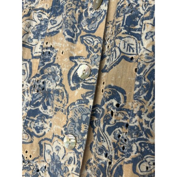 Ruby Rd. Petite 16W Floral Button-Up Shirt Blue & Beige Cotton/Flax - Picture 11 of 15